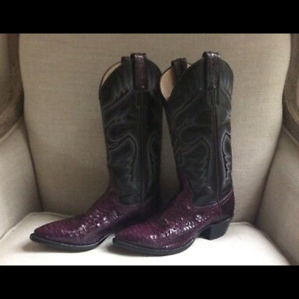Cowboy Boots Snakeskin Purple Leather Western Heel - Picture 2 of 10